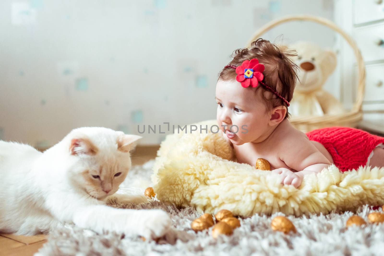 naked baby lying on soft blanket and watching a cat