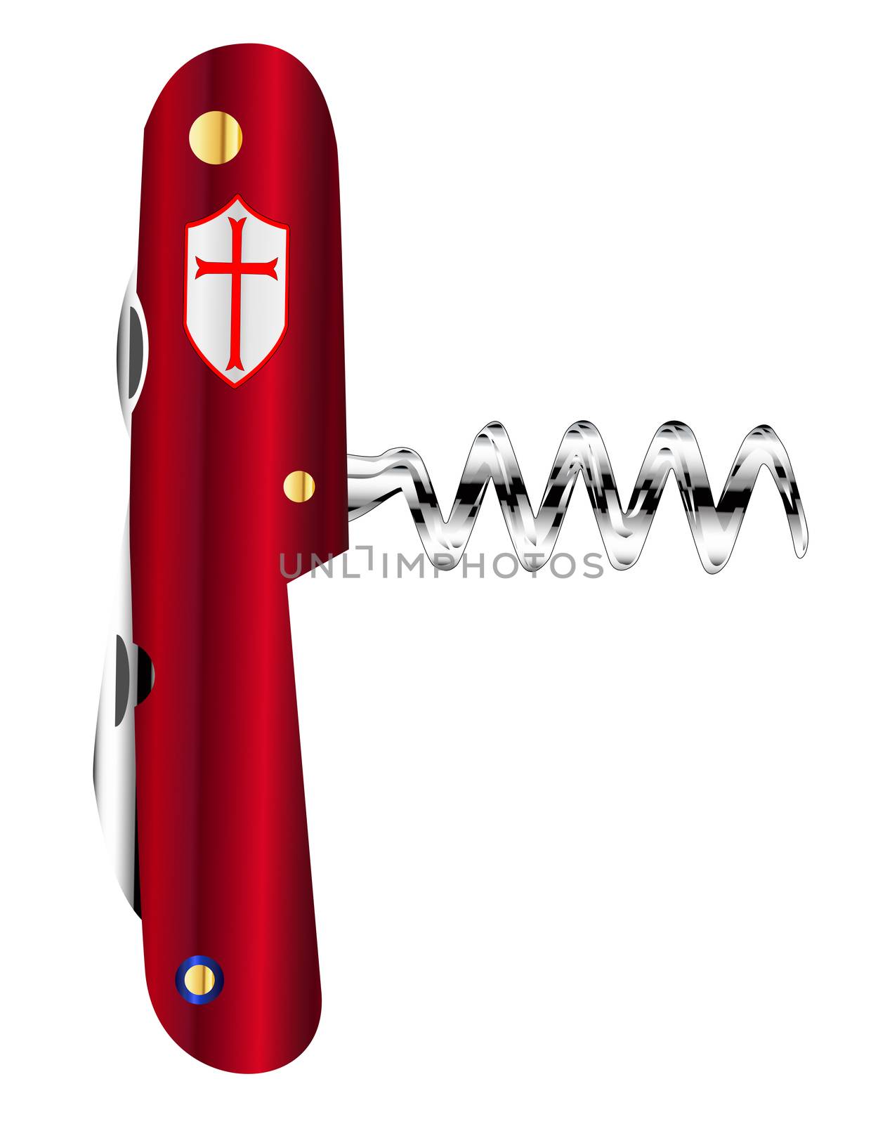 A Swiss style army knife with blade and corkscrew