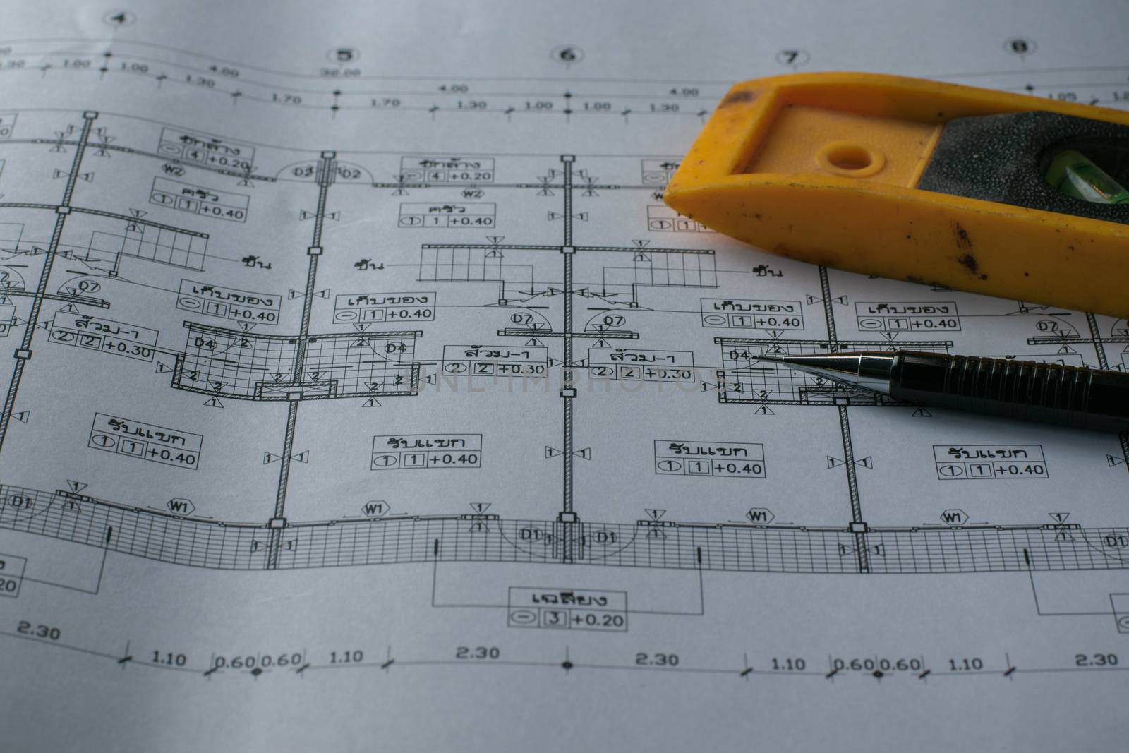 engineering diagram blueprint paper drafting project sketch architectural,selective focus.