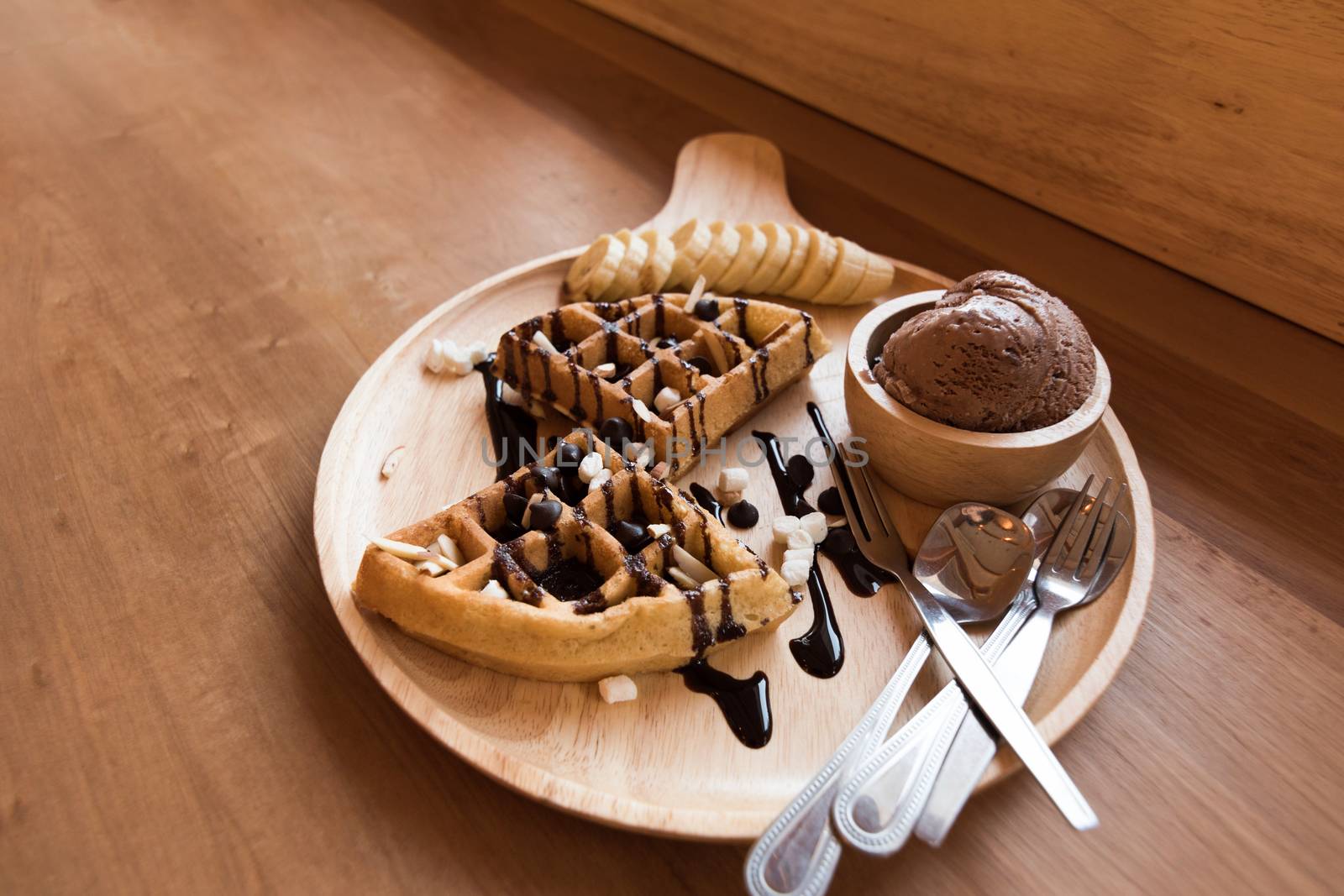 delicious sweet dessert : homemade waffle with chocolate sauce , by dfrsce