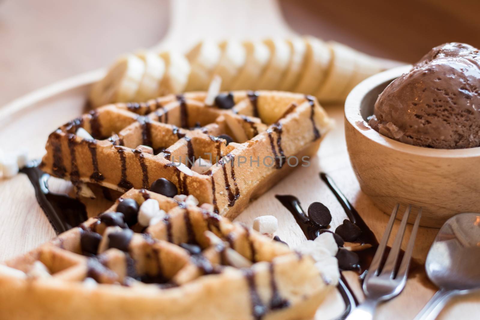 delicious sweet dessert : homemade waffle with chocolate sauce , by dfrsce