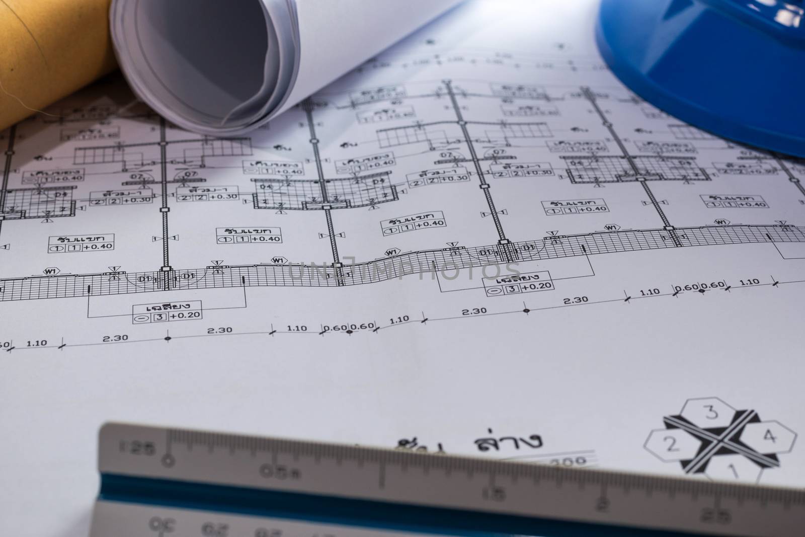 engineering diagram blueprint paper drafting project sketch architectural,selective focus.