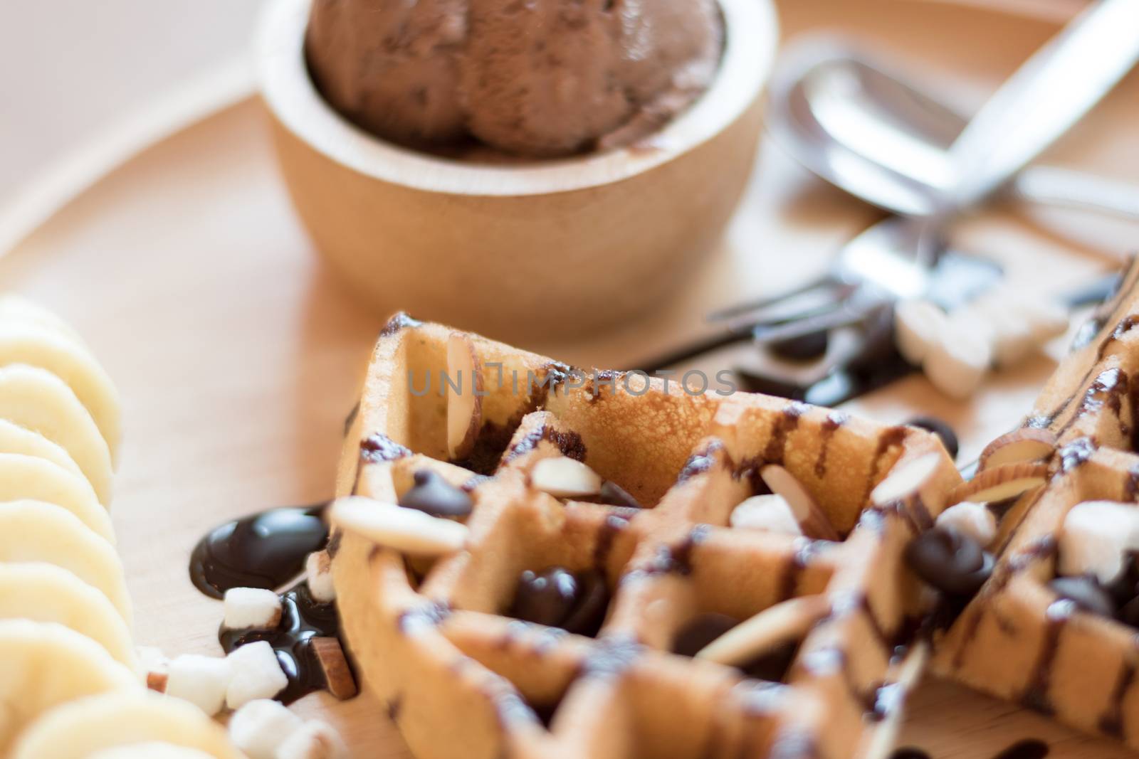 delicious sweet dessert : homemade waffle with chocolate sauce , by dfrsce