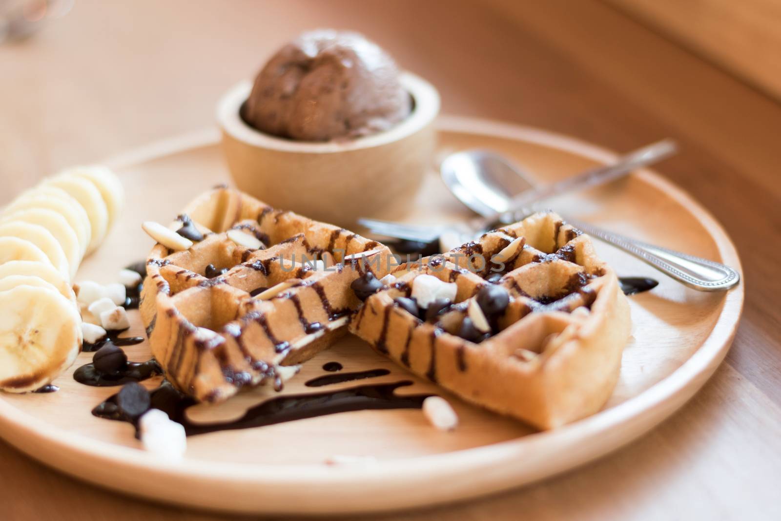 delicious sweet dessert : homemade waffle with chocolate sauce , by dfrsce