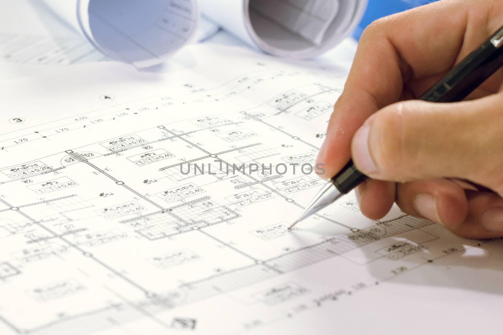 engineering diagram blueprint paper drafting project sketch architectural,selective focus