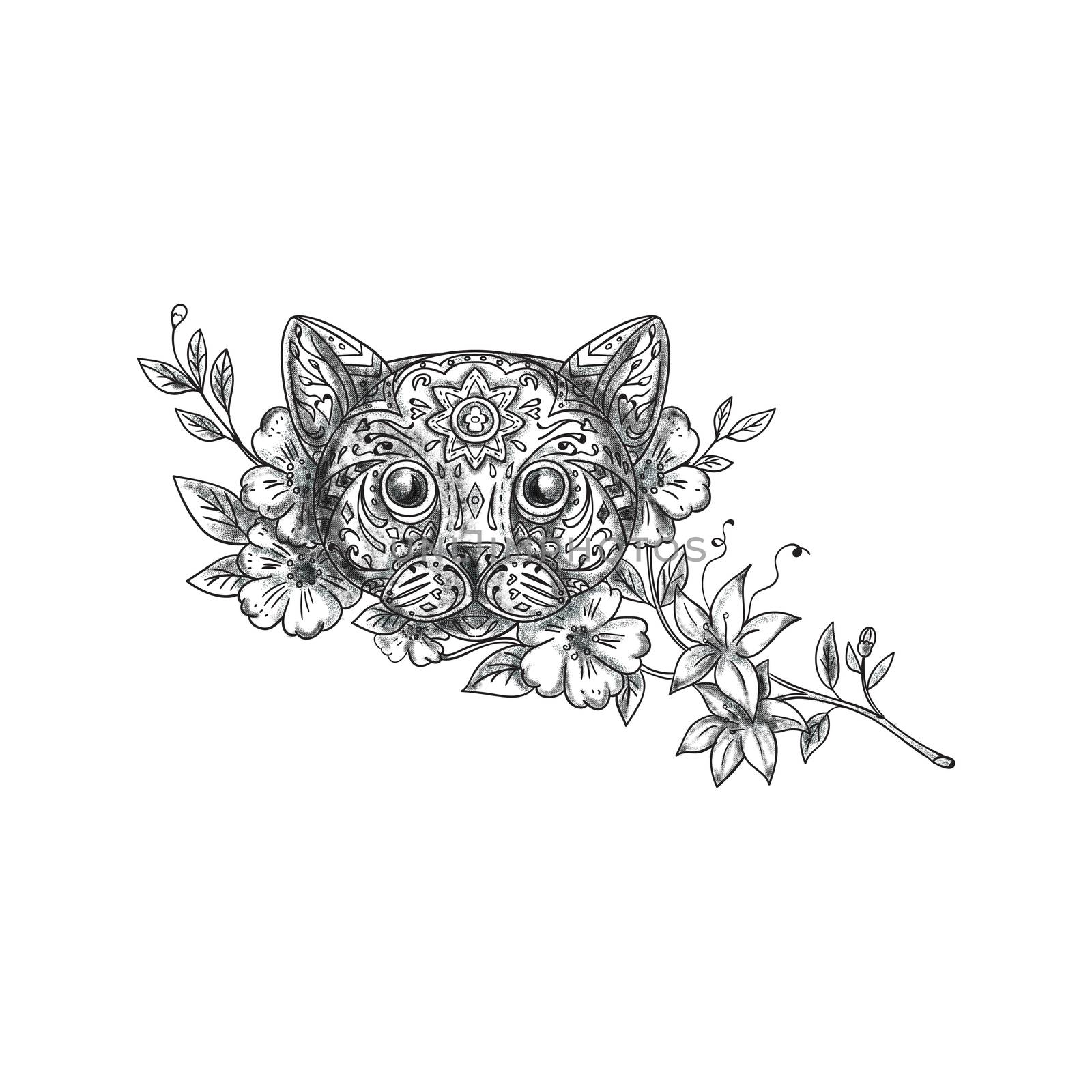 Tattoo style illustration of a cat head with jasmine flowers viewed from front set on isolated white background. 