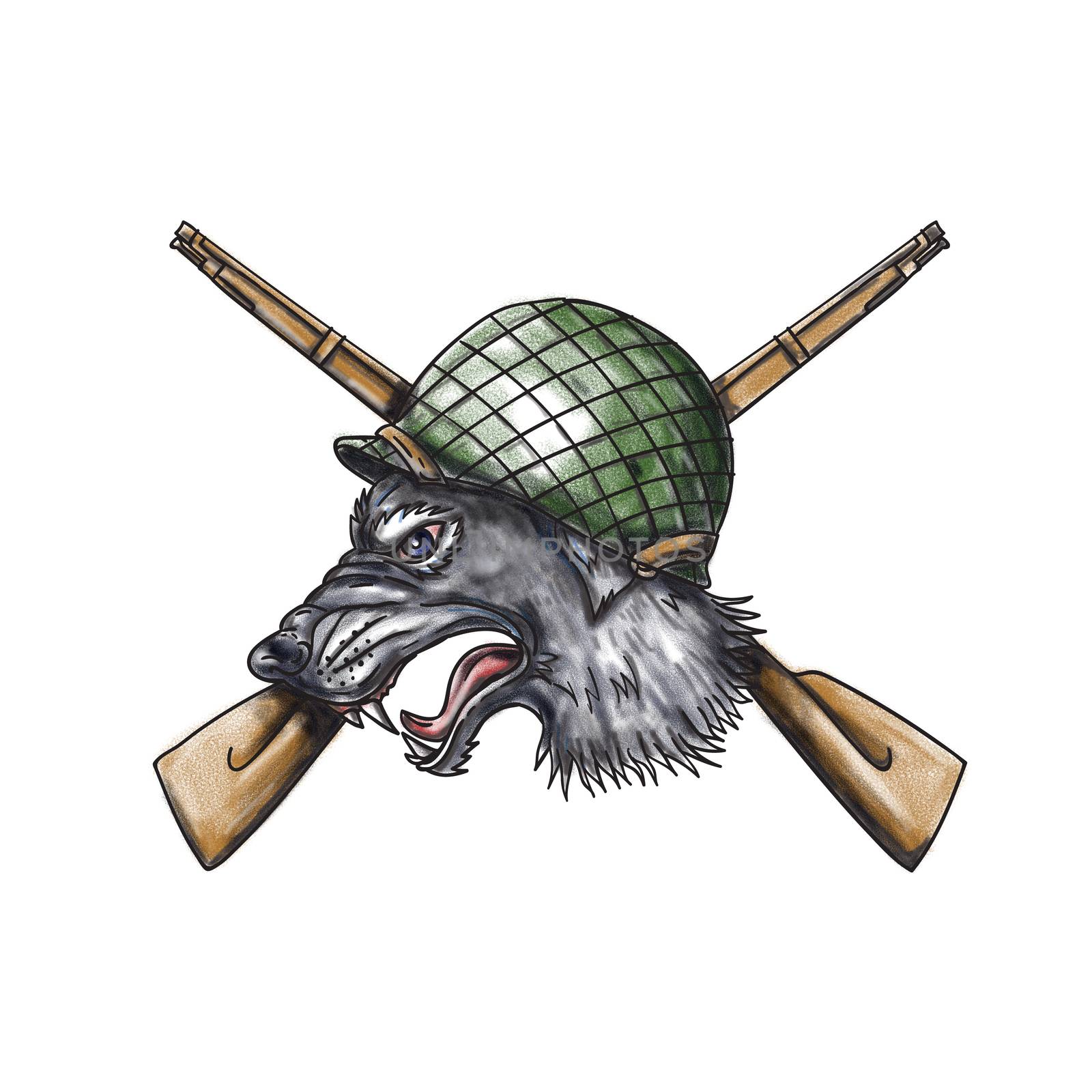 Tattoo style illustration of a grey wolf head wearing world war two helmet with crossed rifles in the background viewed from the side. 