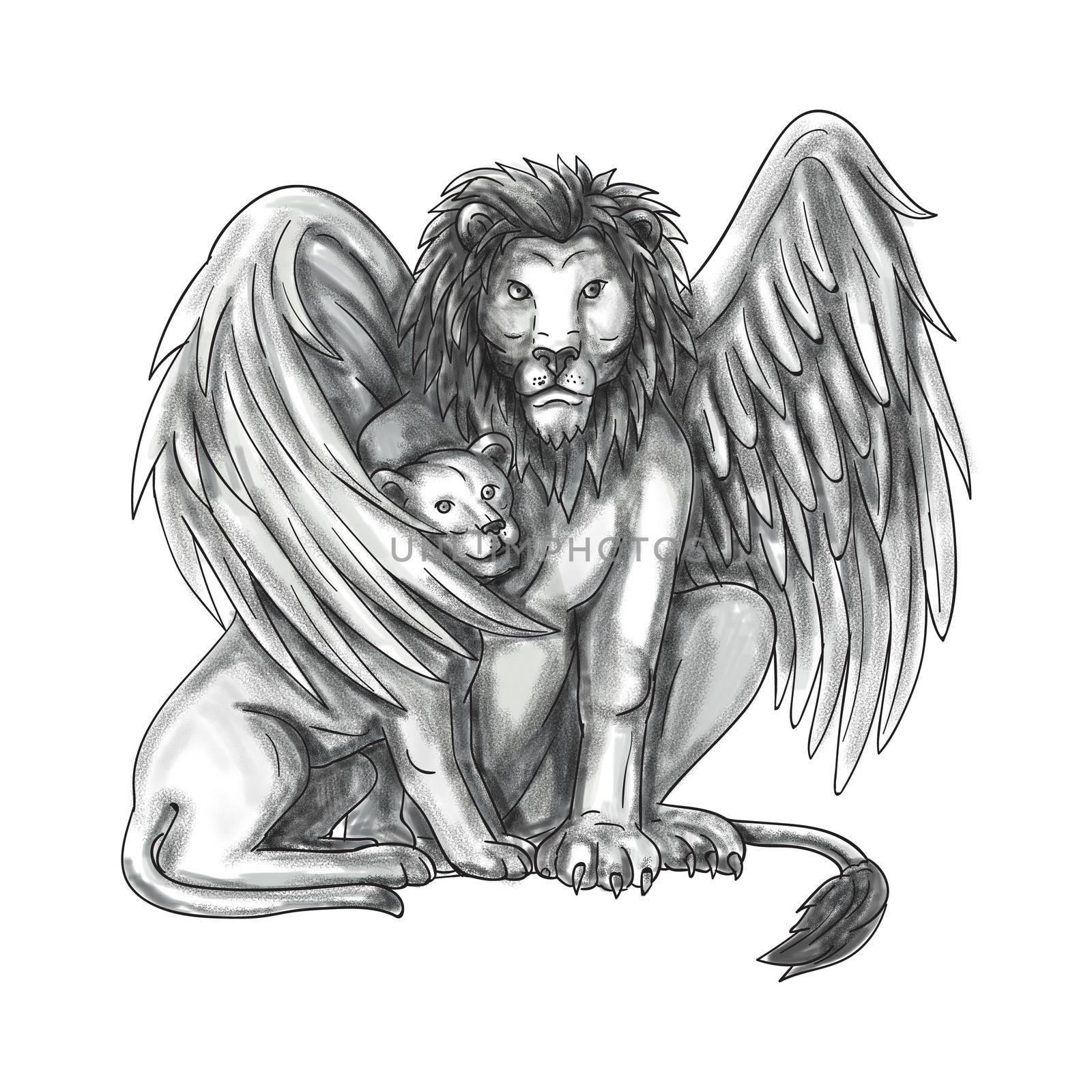Tattoo style illustration of a winged lion, a mythological creature that resembles a lion with bird-like wings, protecting its cub by putting it under it's wing set on isolated white background viewed from front. 