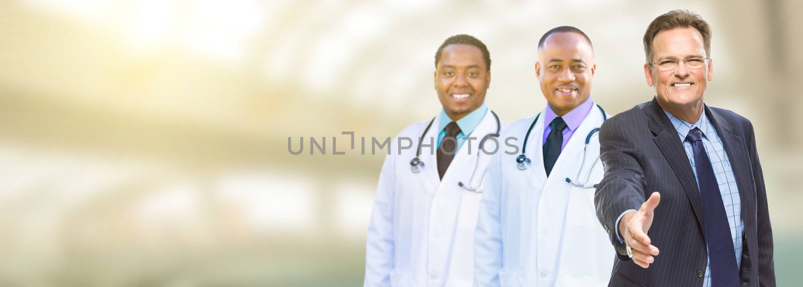 Caucasian Businessman and African American Male Doctors, Nurses or Pharmacists with Room For Text.