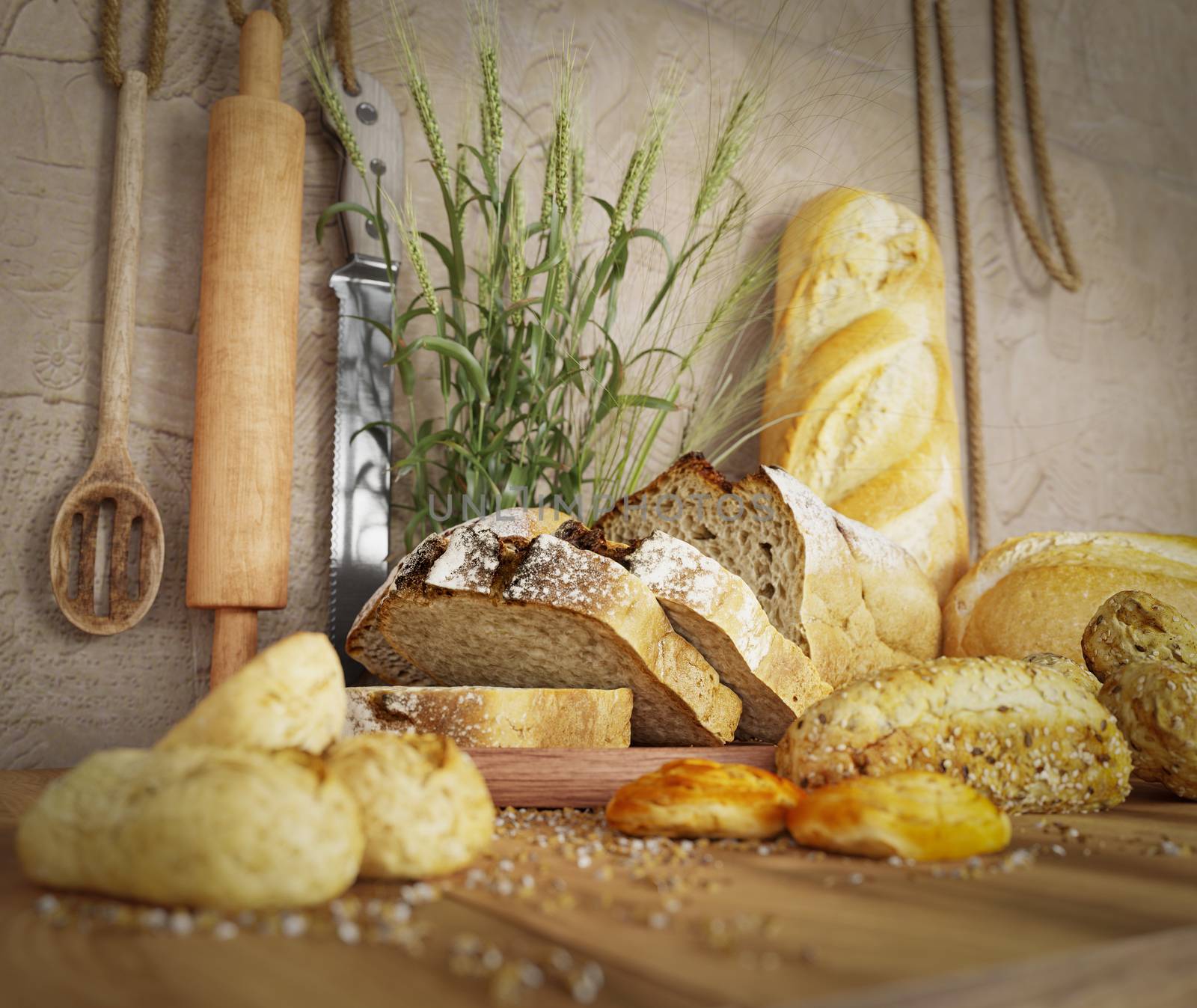 Fresh bread with oat sliced on a slate cutting board photo background copy space by denisgo