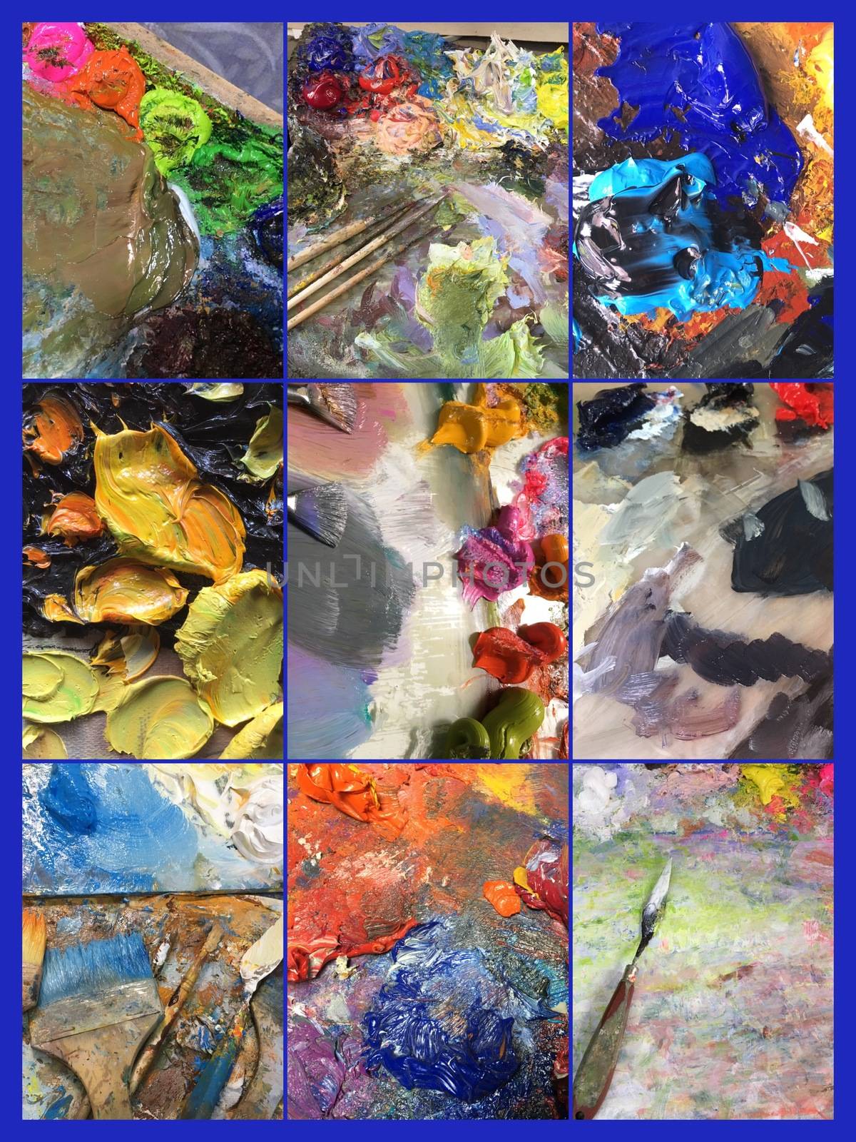 Collage of variety of colorful acrylic paints palettes, Beautiful still life with professional art materials . Background for the workplace of the artist.