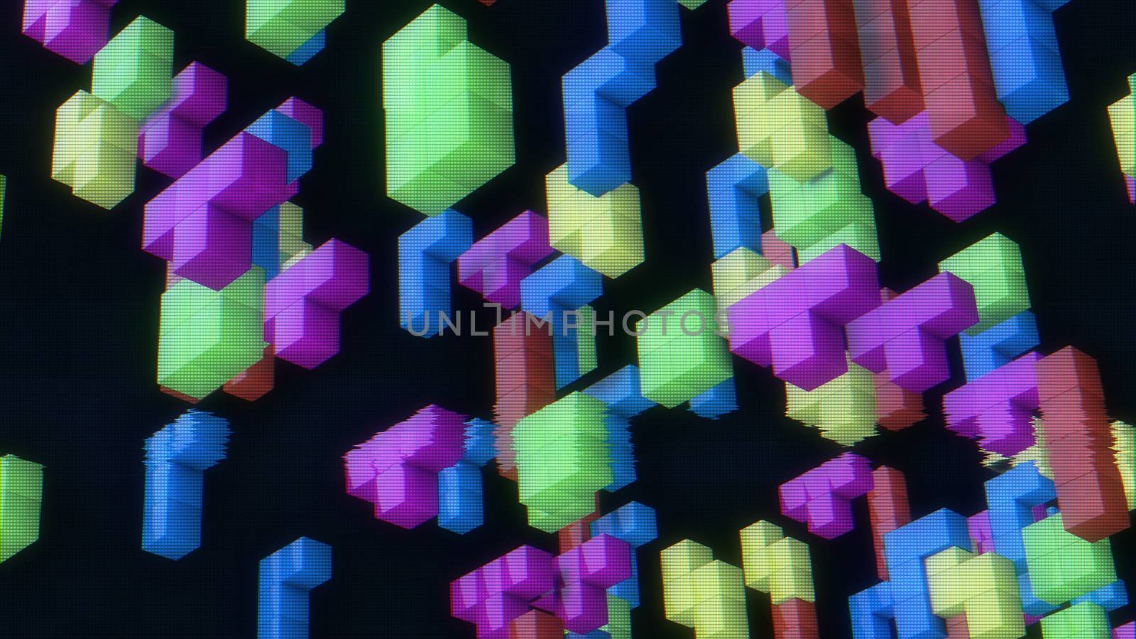 3d blocks from retro game tetris on a faded screen. 3d rendering.