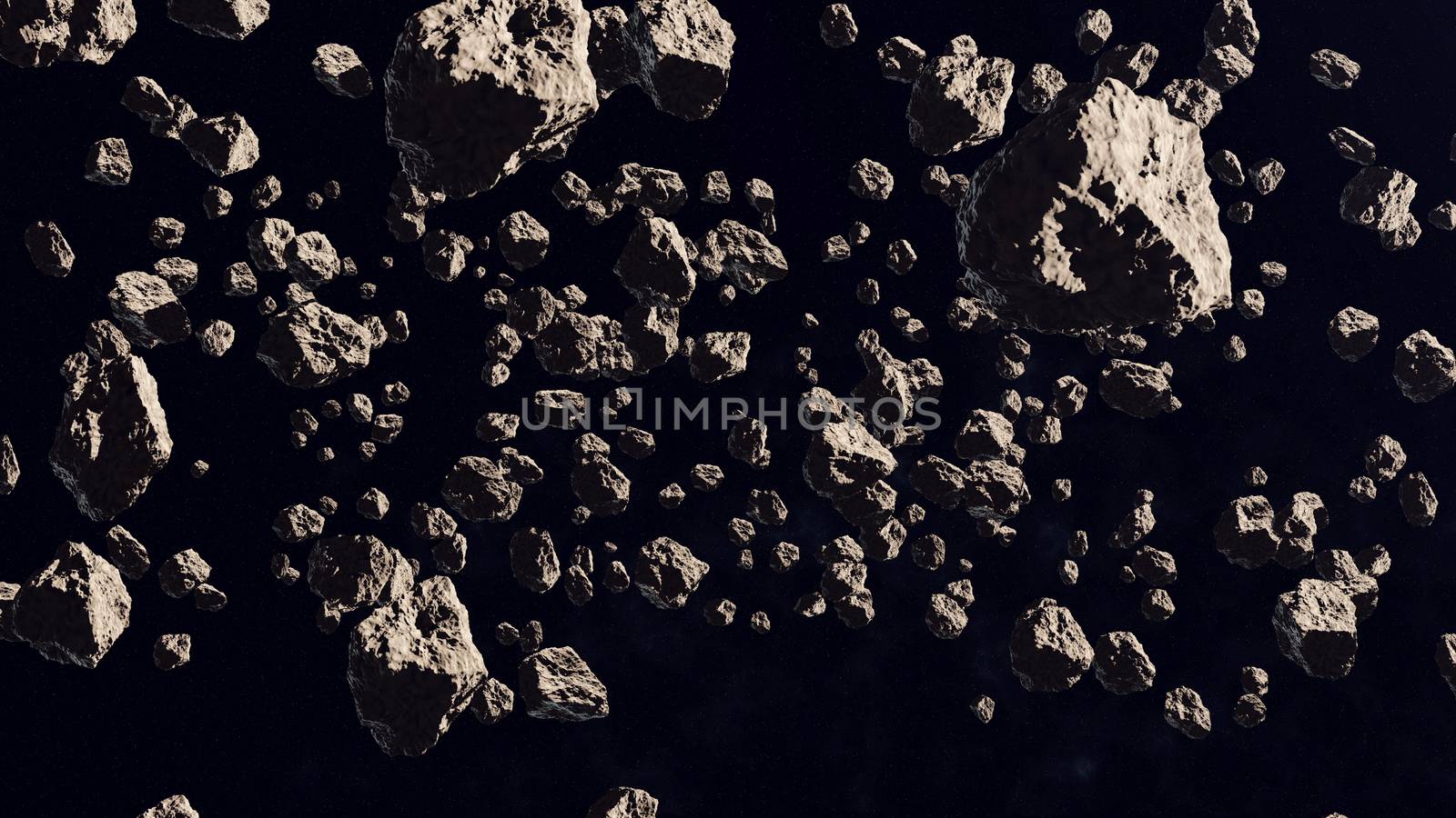 Inside the Asteroid belt in the deep space. 3d rendering.