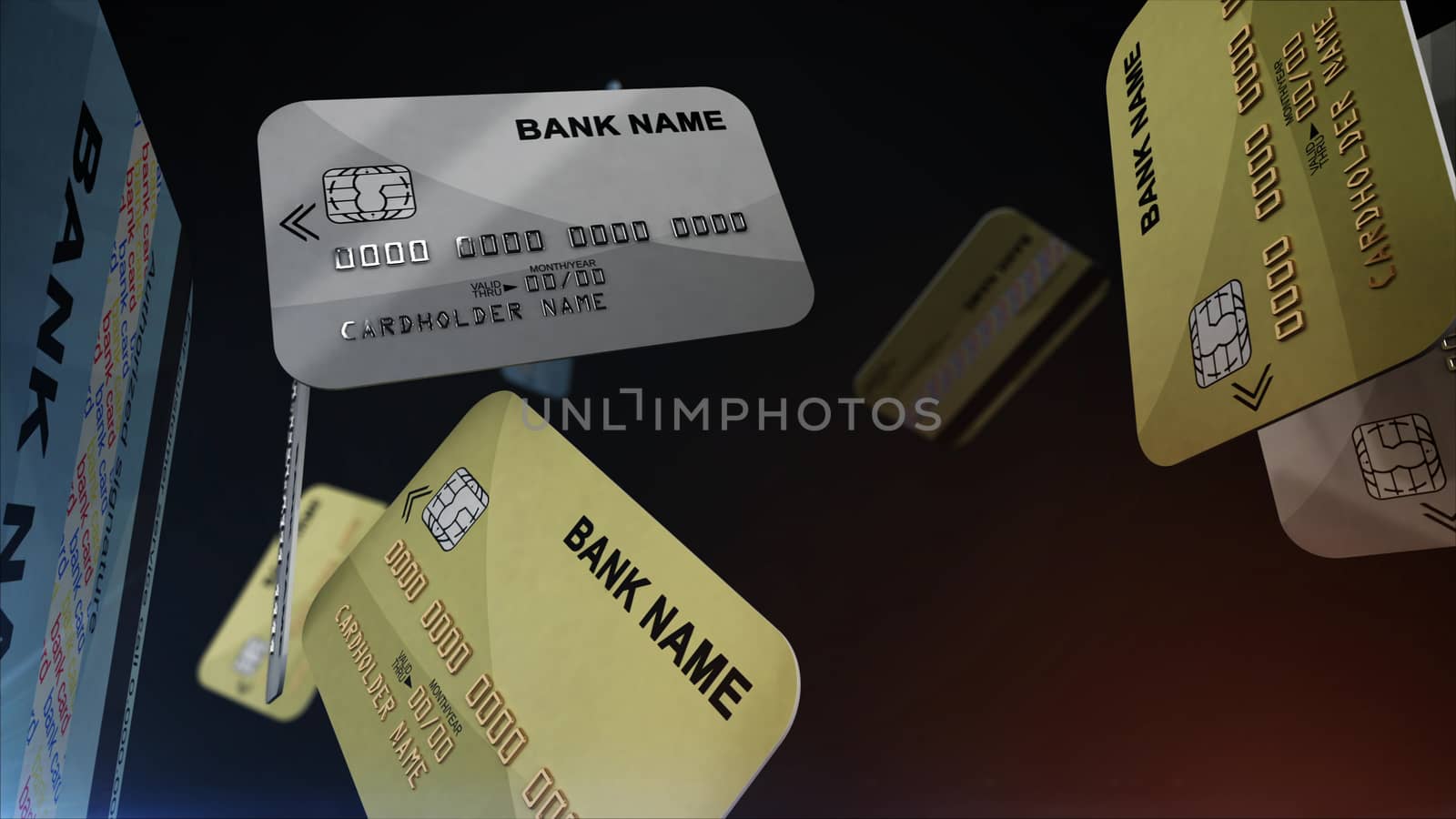 Credit cards falling down. Computer generated. Shopping concept. 3d rendering.