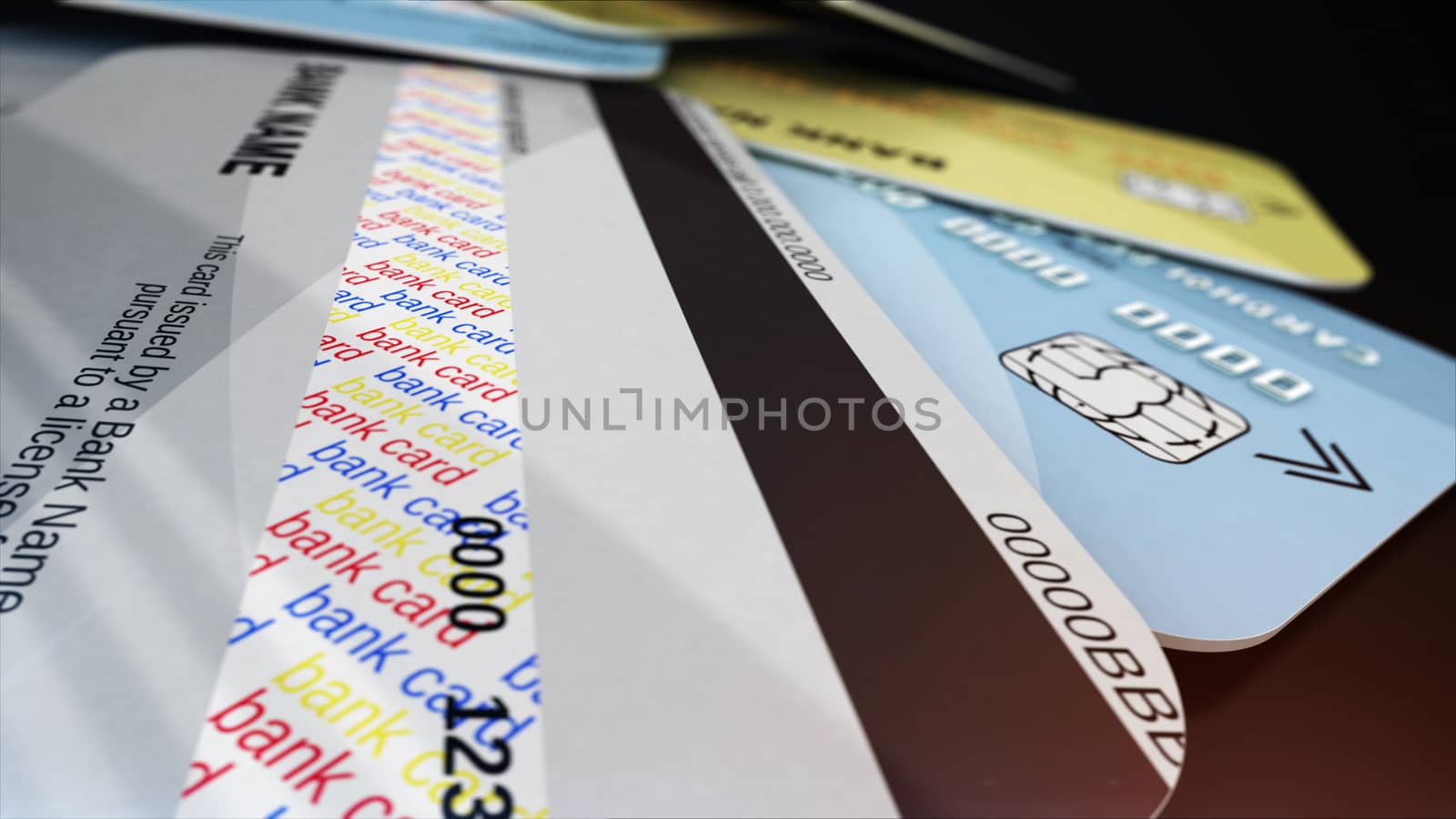Credit card and magnetic strip. 3d rendering. Depth of field.  