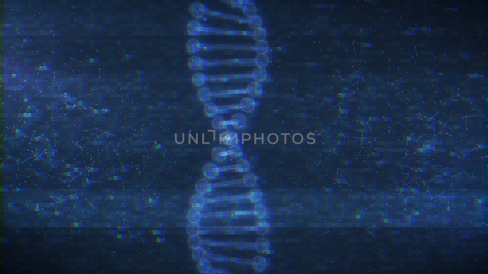 Abstract DNA structure with digital noise on a dark background. 3d rendering of Medical science concept.