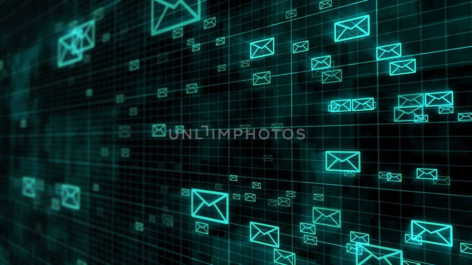 3d rendering of Sms, Email and Envelope icons in motion on a dark backdrop.