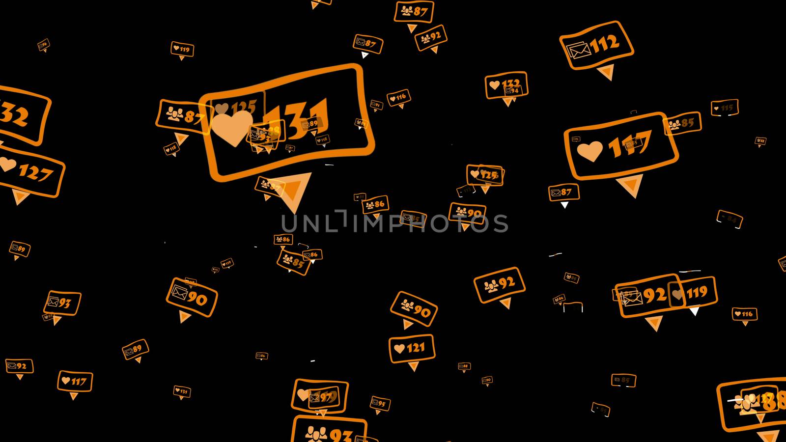 Abstract social media concept on a black background. Numbers of likes, friends and followers.