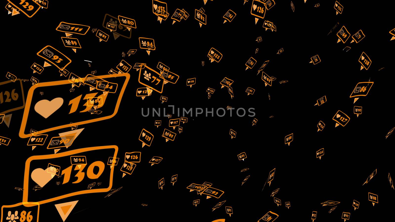 Concept 3d illustration of cloud of flying like thumbs up and friends symbols on a dark background.