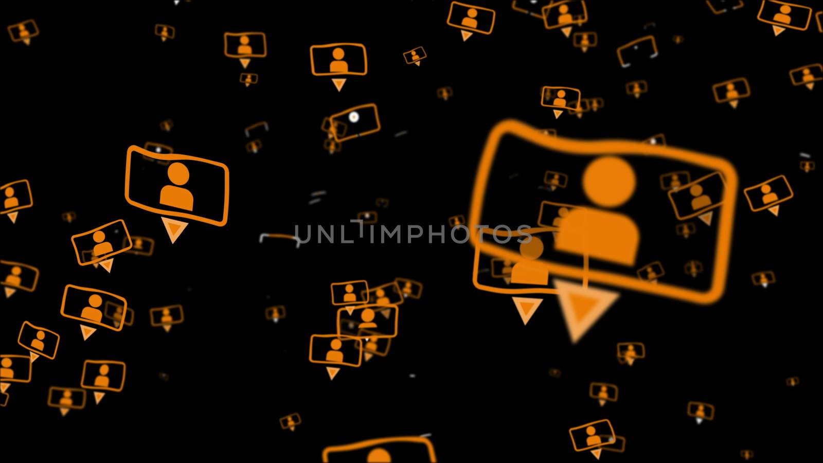 Concept 3d illustration of cloud of flying friends symbols on a dark background. Social media concept.