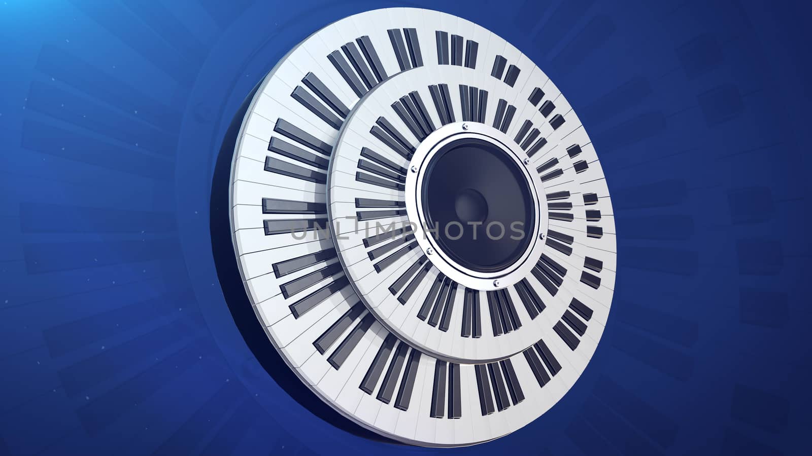 Audio dynamics monitor in two circular piano keyboards. Music concept. 3d rendering. 