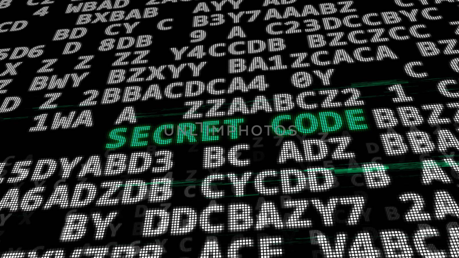 A green Secret Code in center of abstract data code. Security technology concept. 3d illustration.