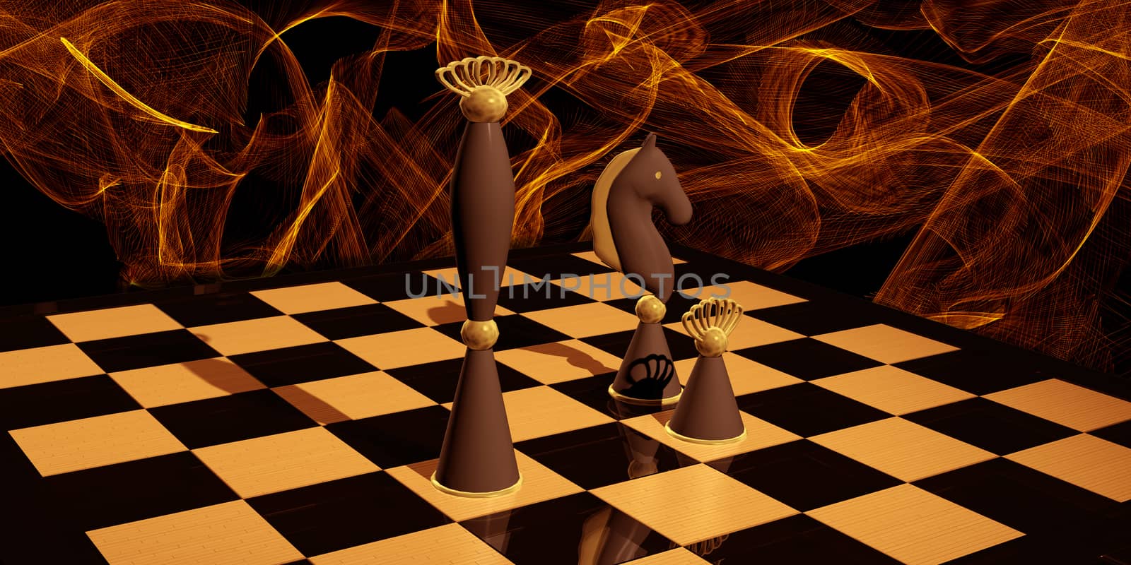 Chess composition on glossy chessboard and abstract background