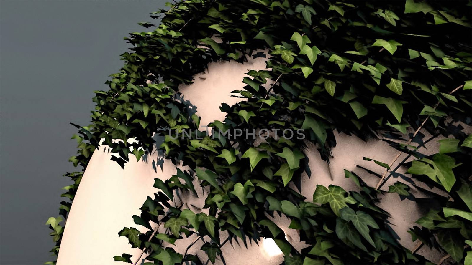 Abstract background with the leaves on a realistic sphere. 3d rendering