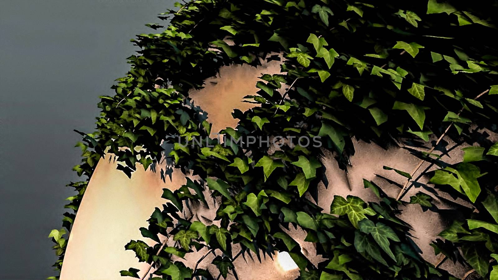 Abstract background with the leaves on a realistic sphere. 3d rendering