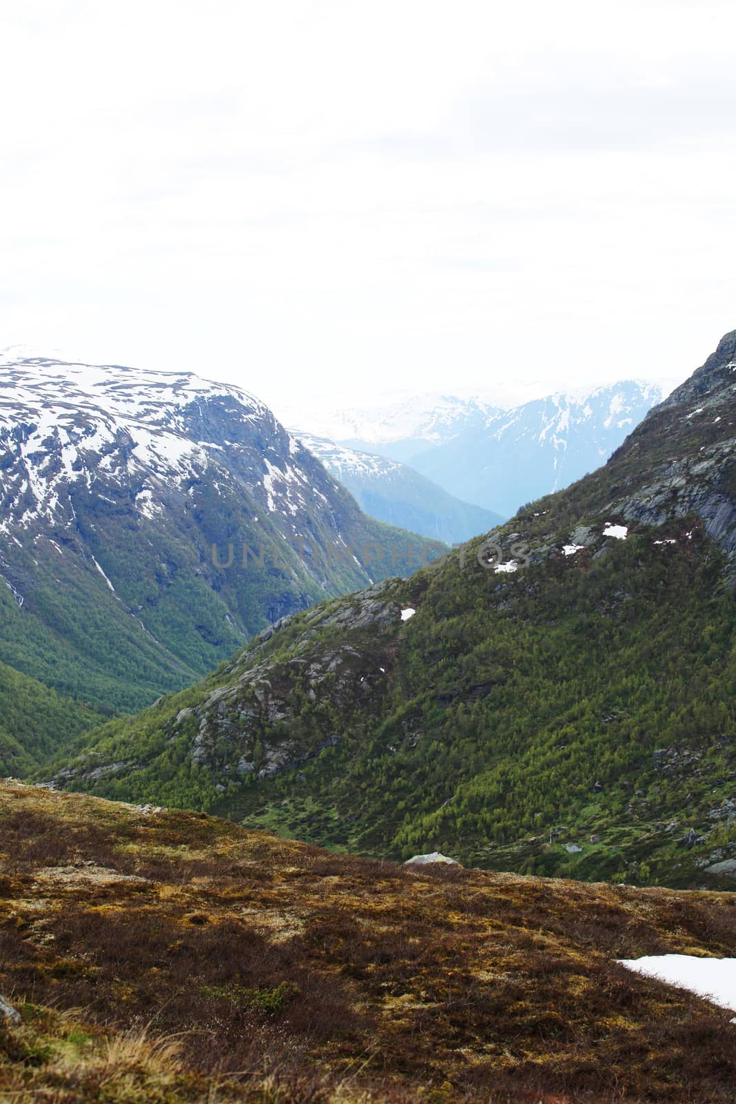 Beautiful spring Norway mountains with melting snow on tops