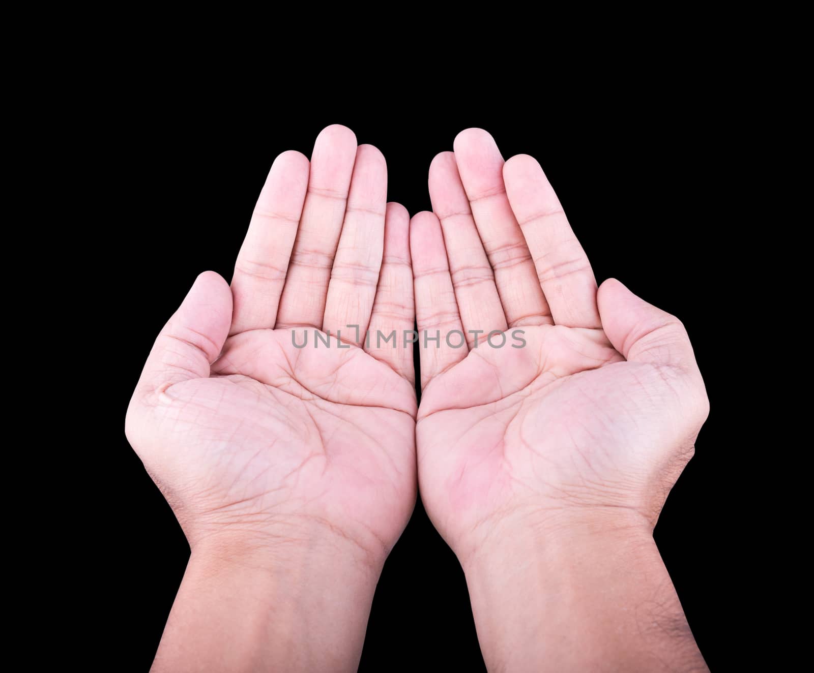 palms of man on a black background.