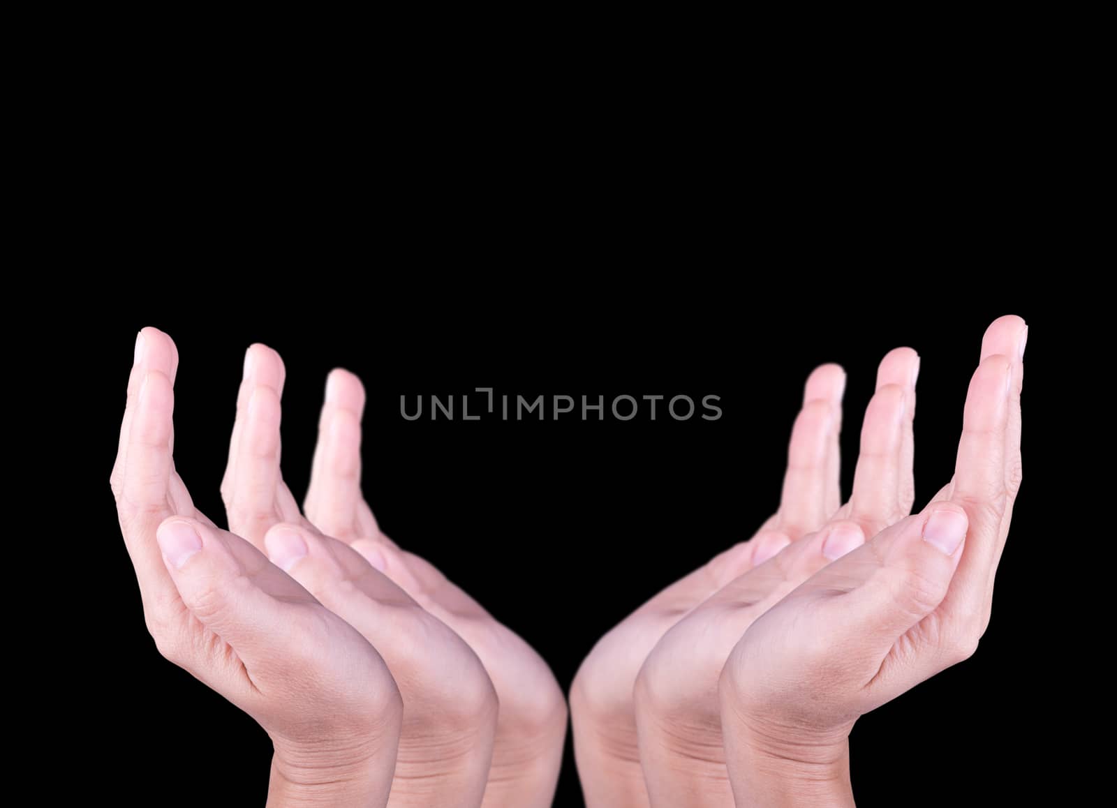 The lifting of the girl's hand gesture isolated on a black background.