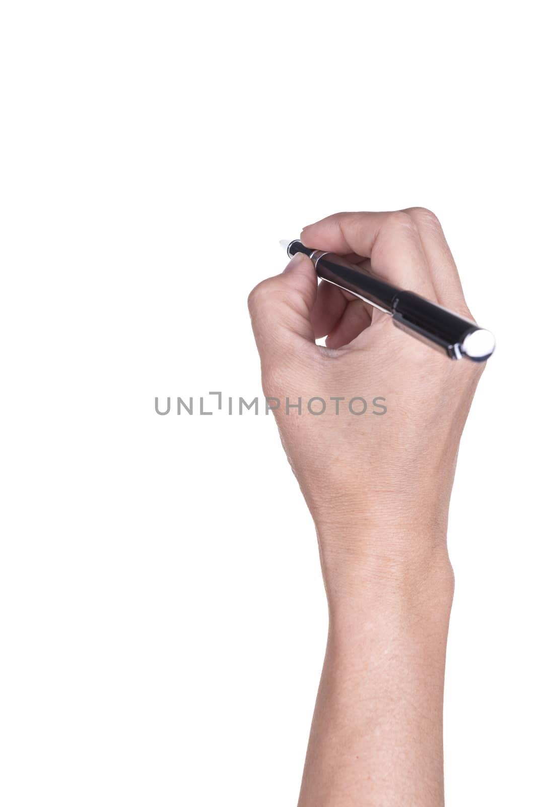 Hands of women who are writing isolated on white background.