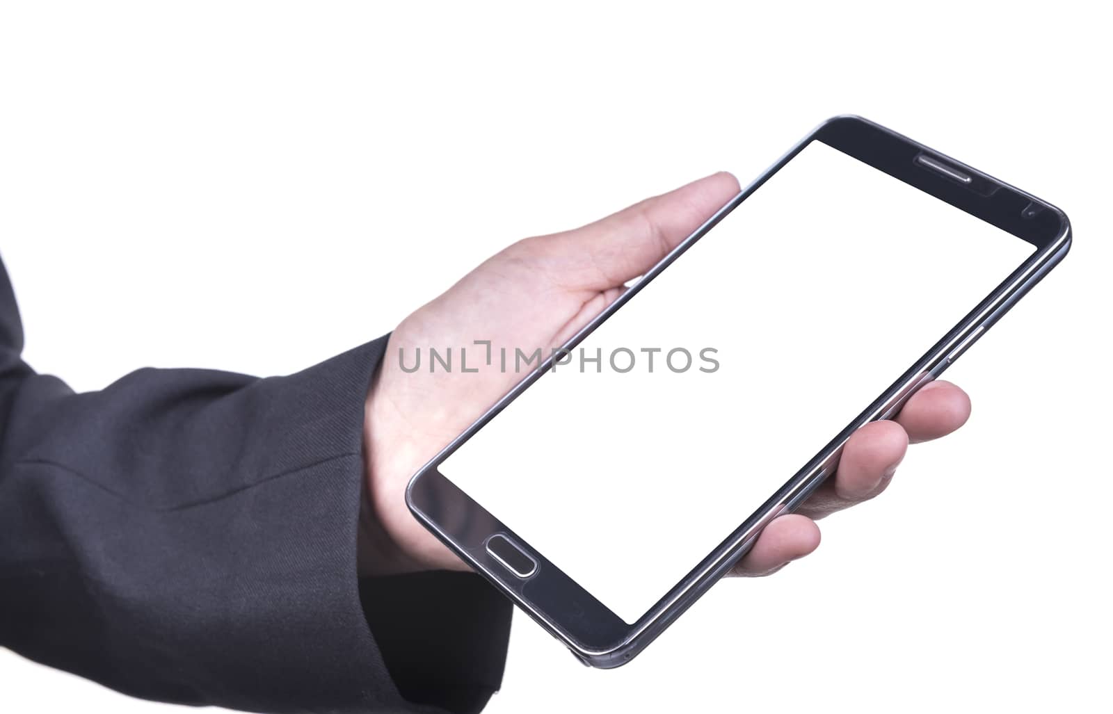 Woman hand showing a smartphone on a white background.