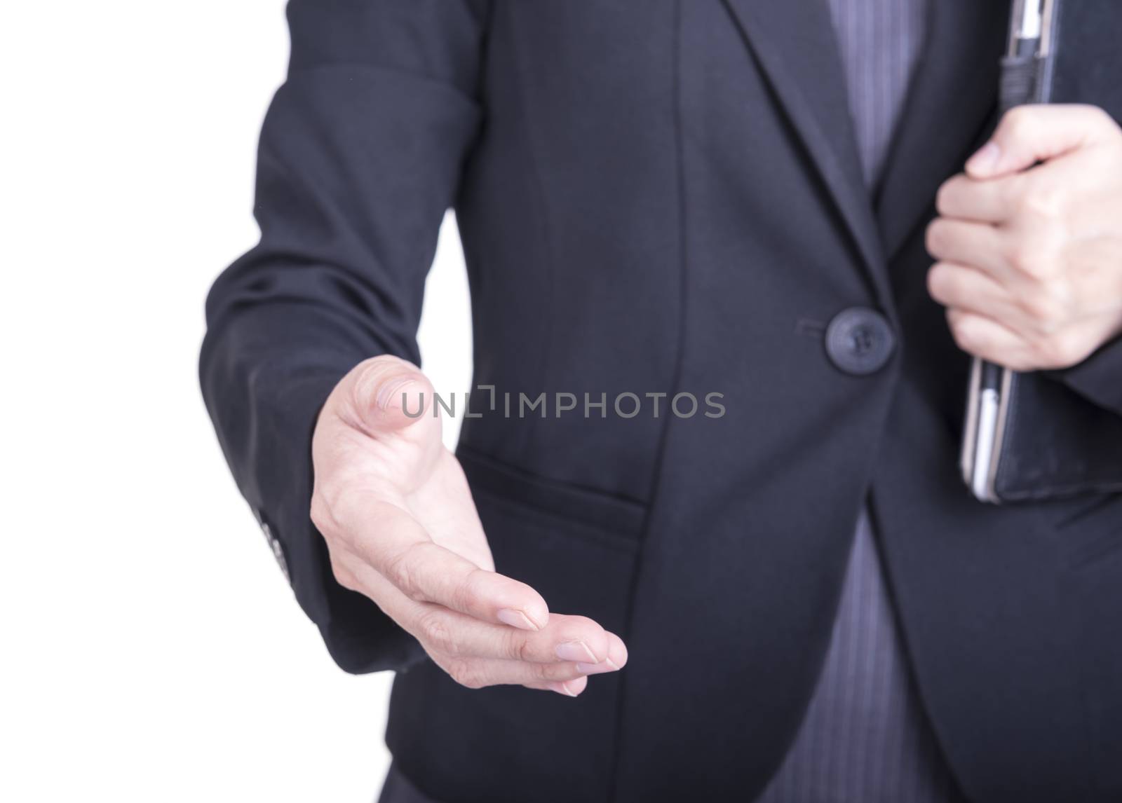 Business woman with an open hand ready to seal on a white background.