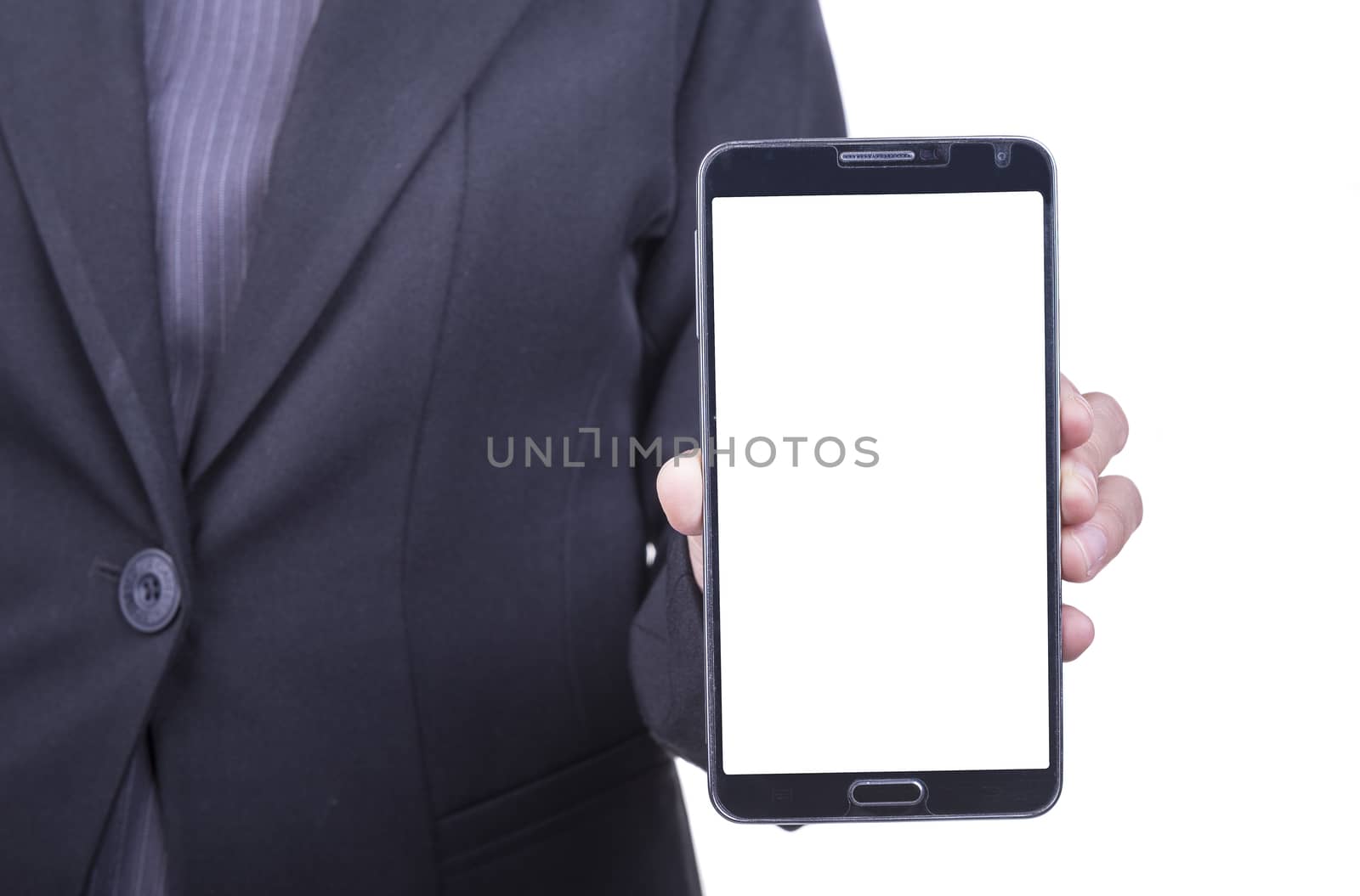 Woman hand showing a smartphone on a white background.