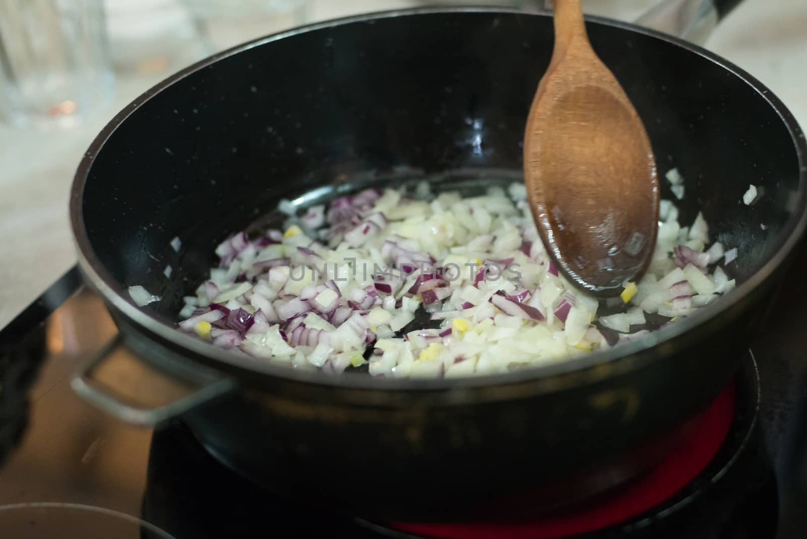 Cooking onion. Frying.