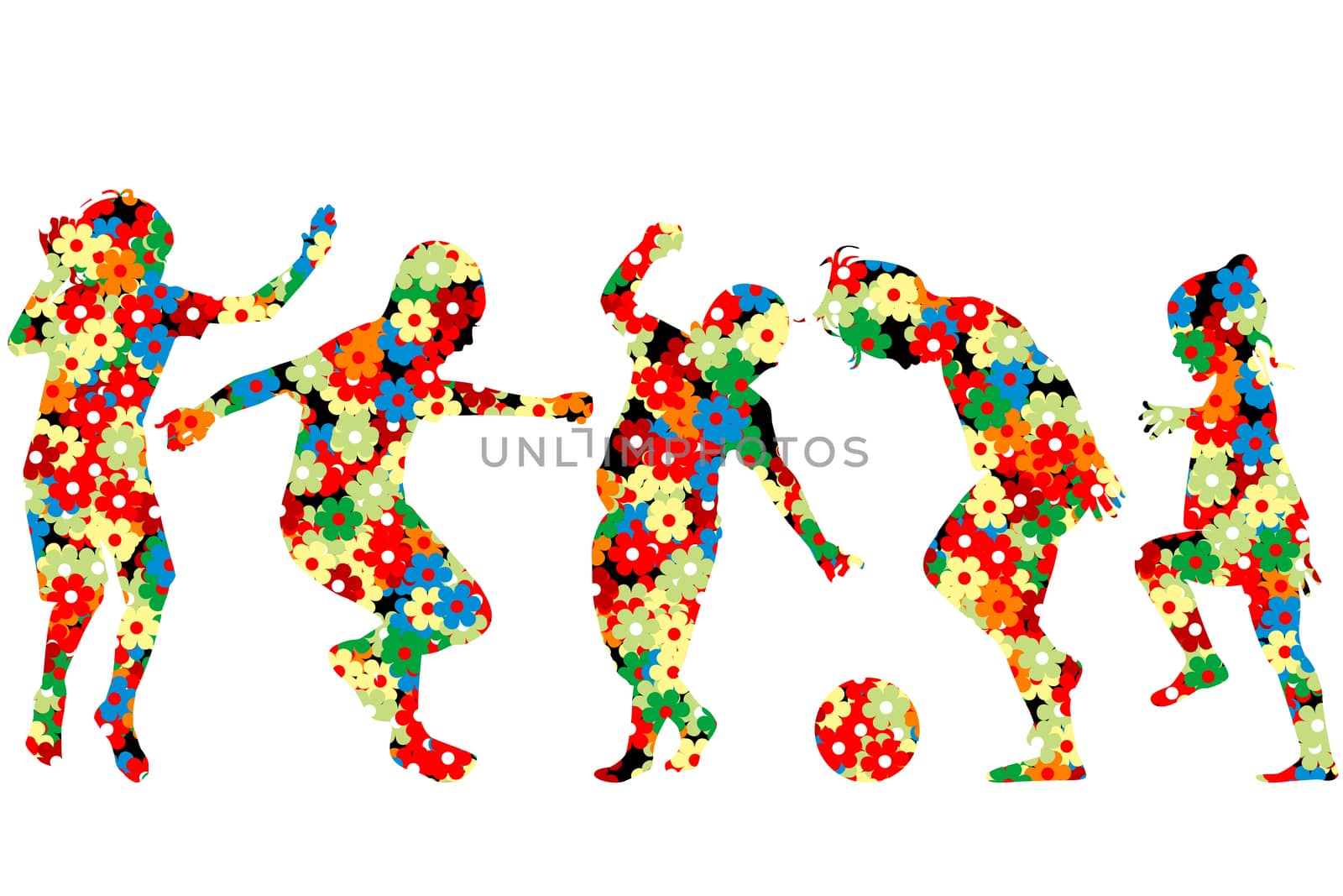 Children silhouettes made of colorful flowers pattern