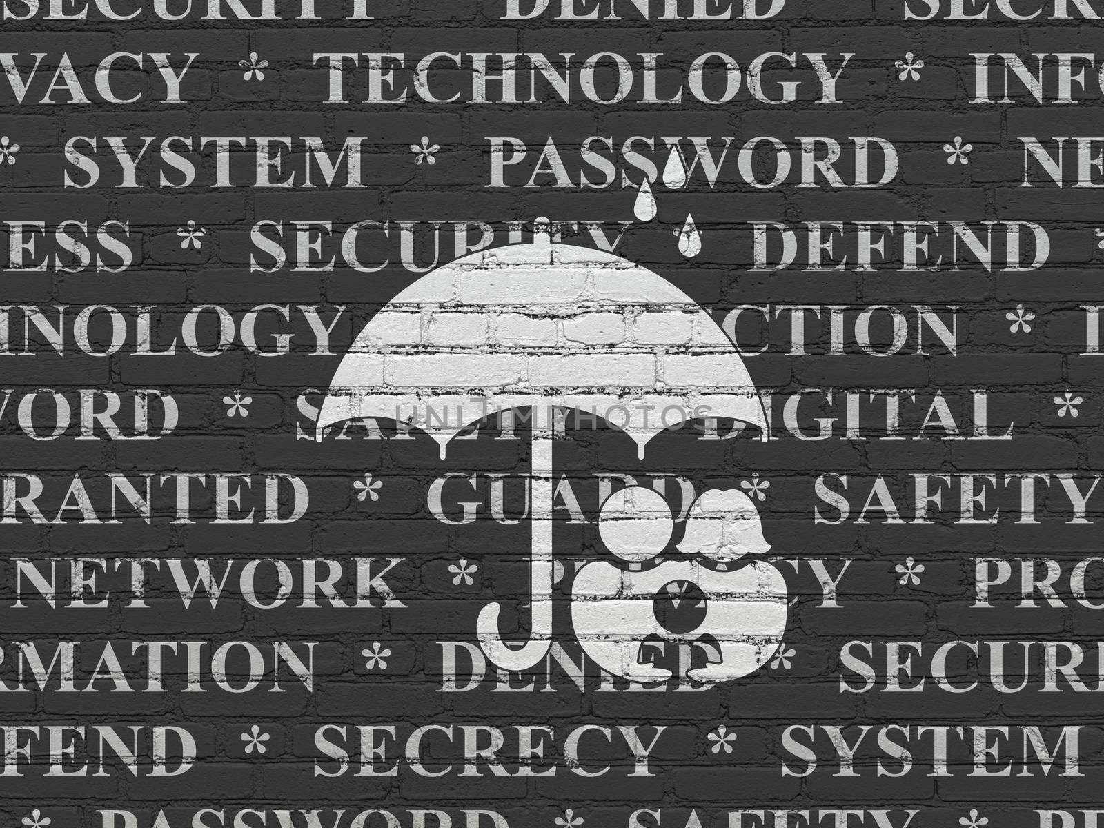 Privacy concept: Painted white Family And Umbrella icon on Black Brick wall background with  Tag Cloud