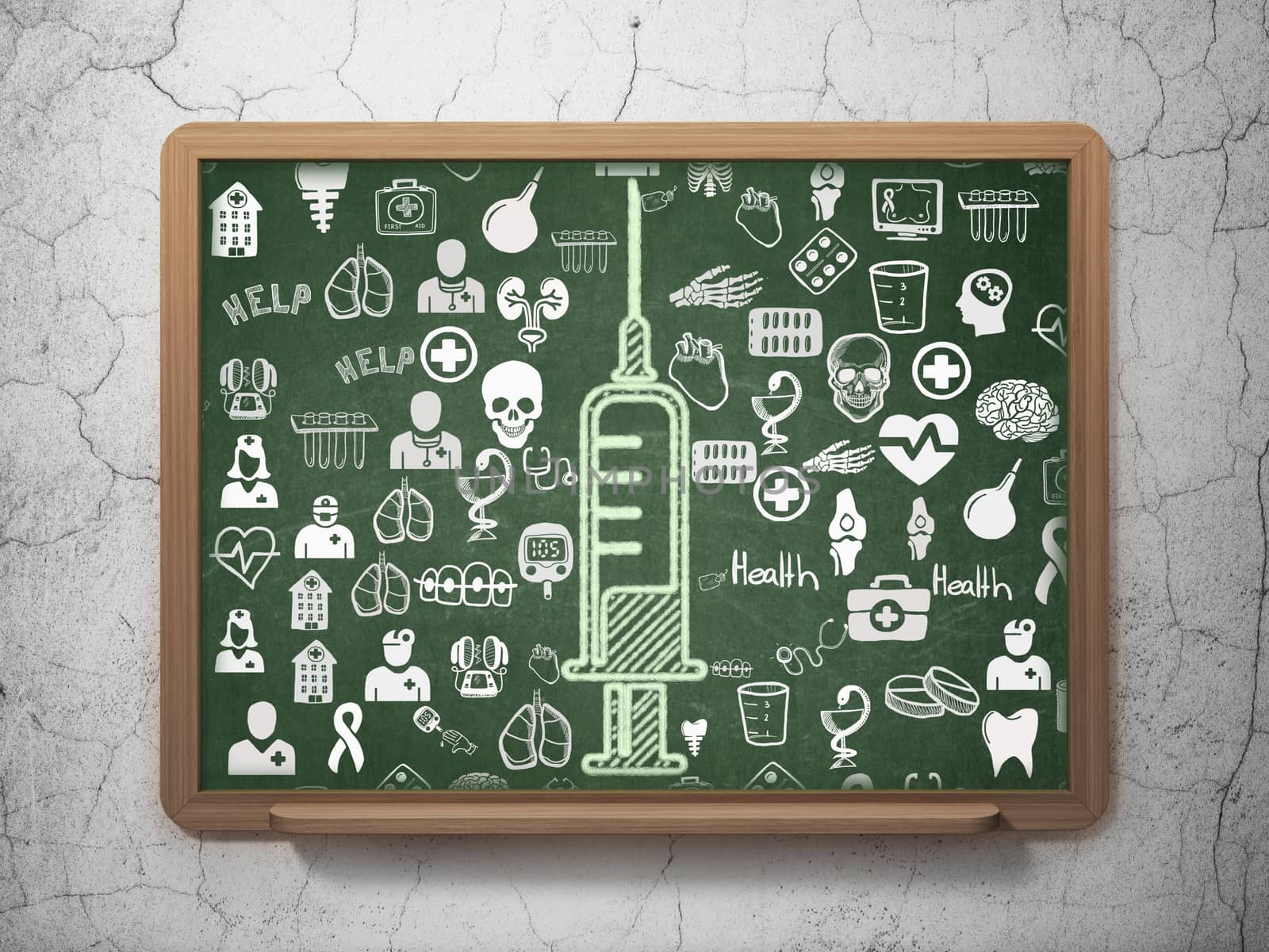 Healthcare concept: Chalk Green Syringe icon on School board background with  Hand Drawn Medicine Icons, 3D Rendering