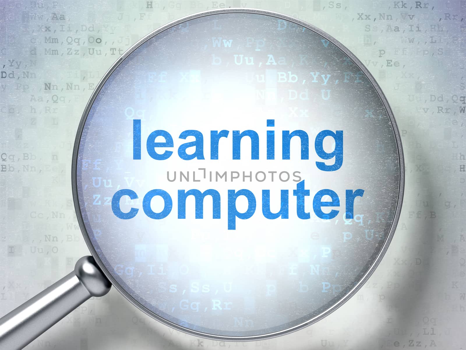 Education concept: magnifying optical glass with words Learning Computer on digital background, 3D rendering