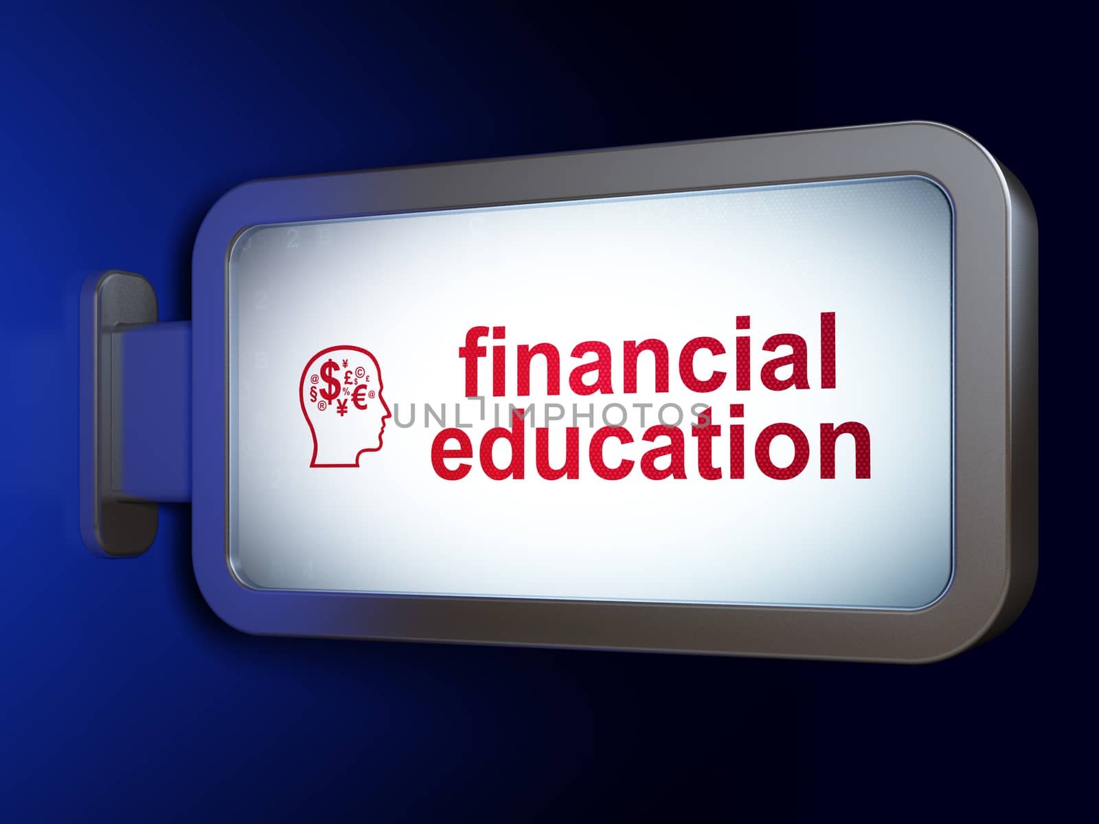 Learning concept: Financial Education and Head With Finance Symbol on billboard background by maxkabakov