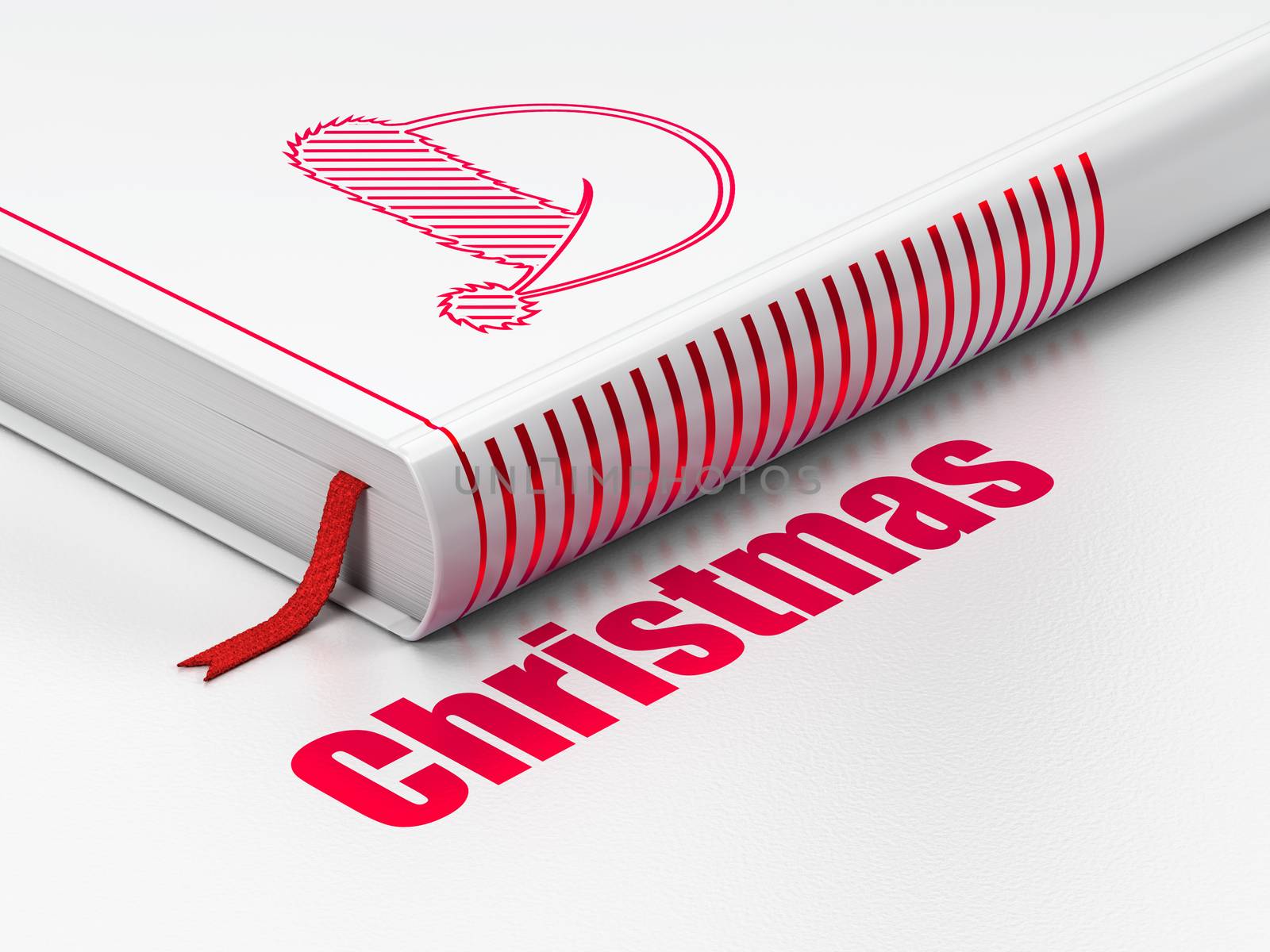 Holiday concept: closed book with Red Christmas Hat icon and text Christmas on floor, white background, 3D rendering