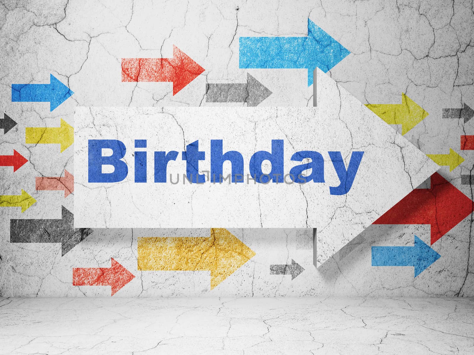 Entertainment, concept:  arrow with Birthday on grunge textured concrete wall background, 3D rendering