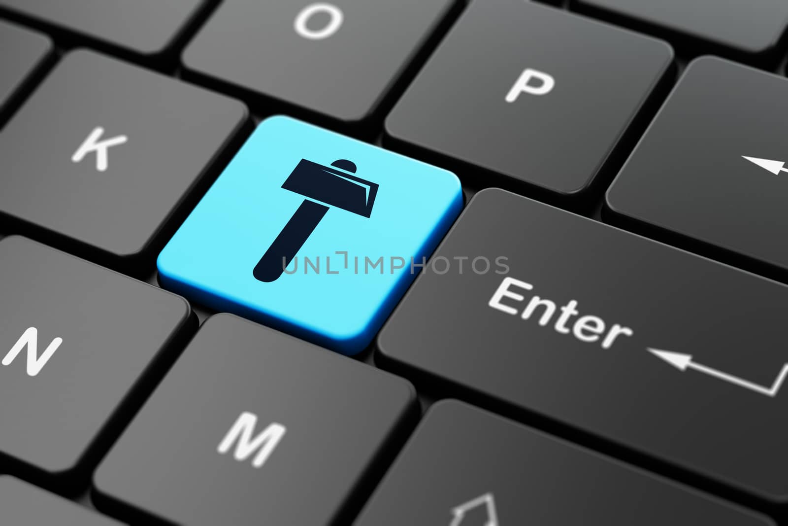 Constructing concept: computer keyboard with Hammer icon on enter button background, 3D rendering