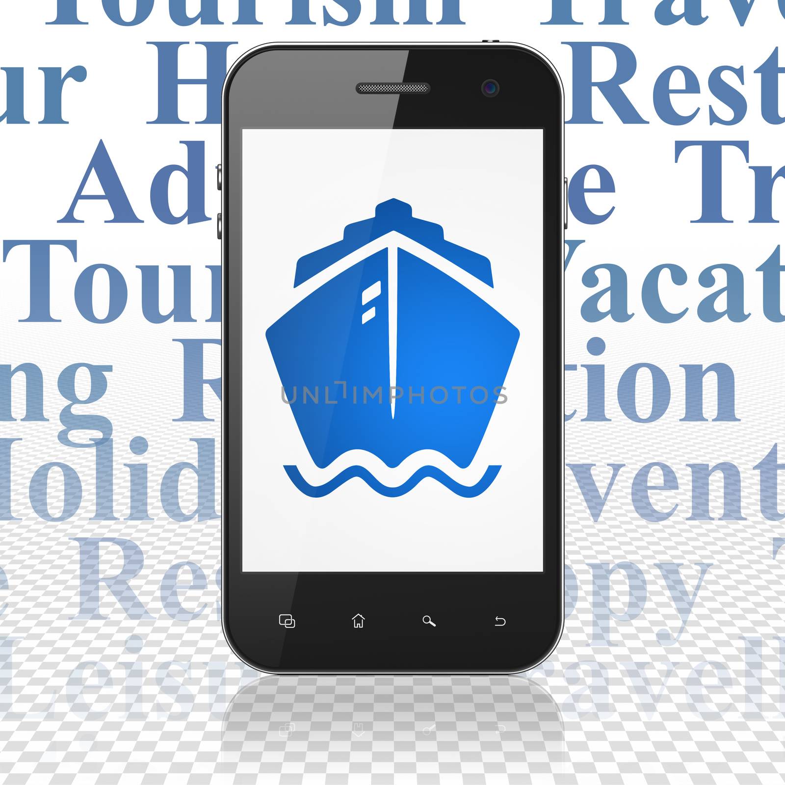 Tourism concept: Smartphone with  blue Ship icon on display,  Tag Cloud background, 3D rendering