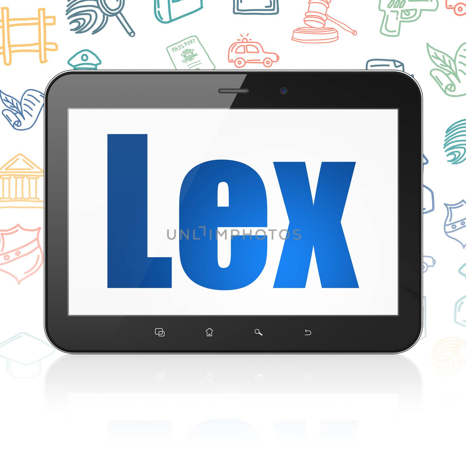 Law concept: Tablet Computer with  blue text Lex on display,  Hand Drawn Law Icons background, 3D rendering