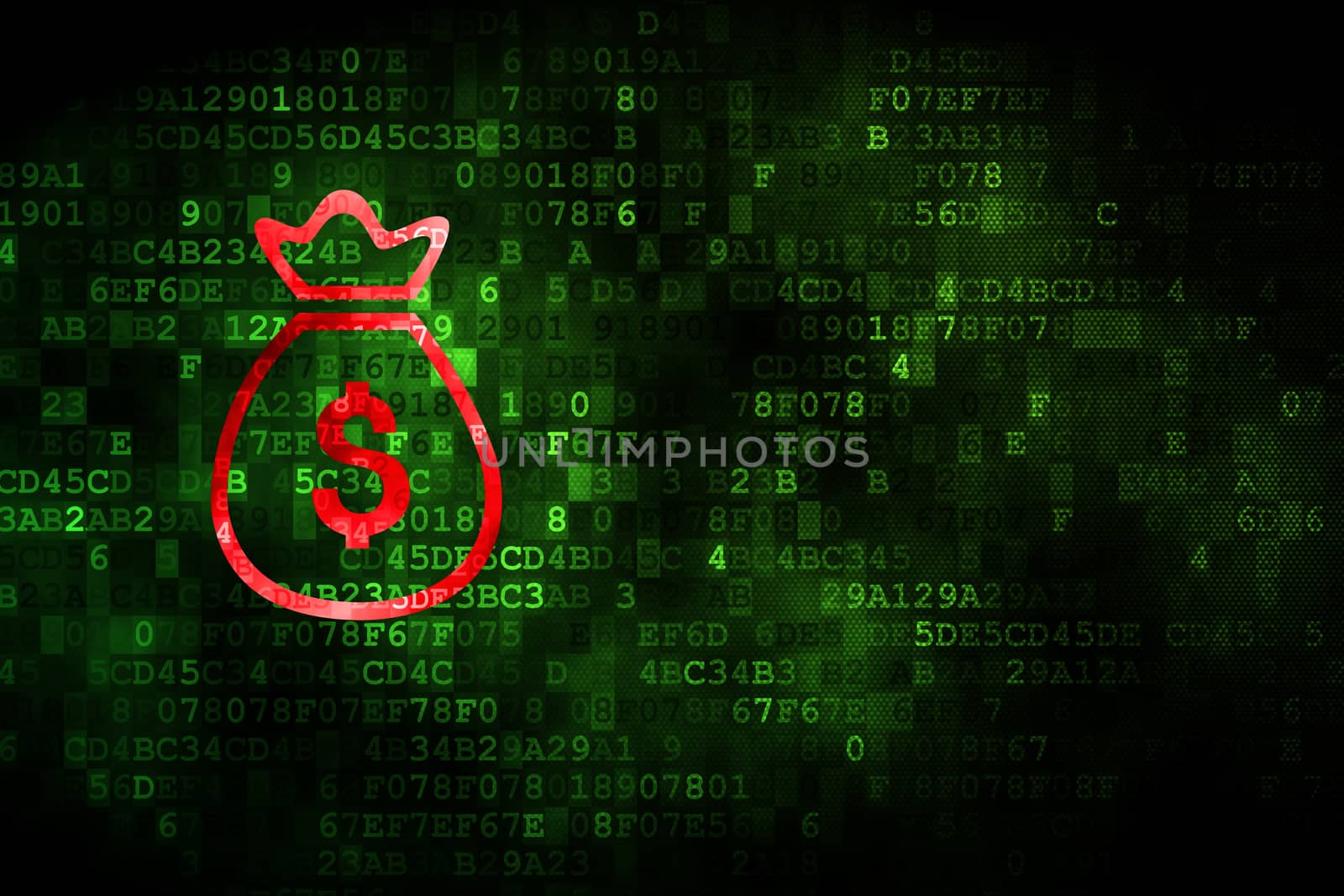 Currency concept: pixelated Money Bag icon on digital background, empty copyspace for card, text, advertising