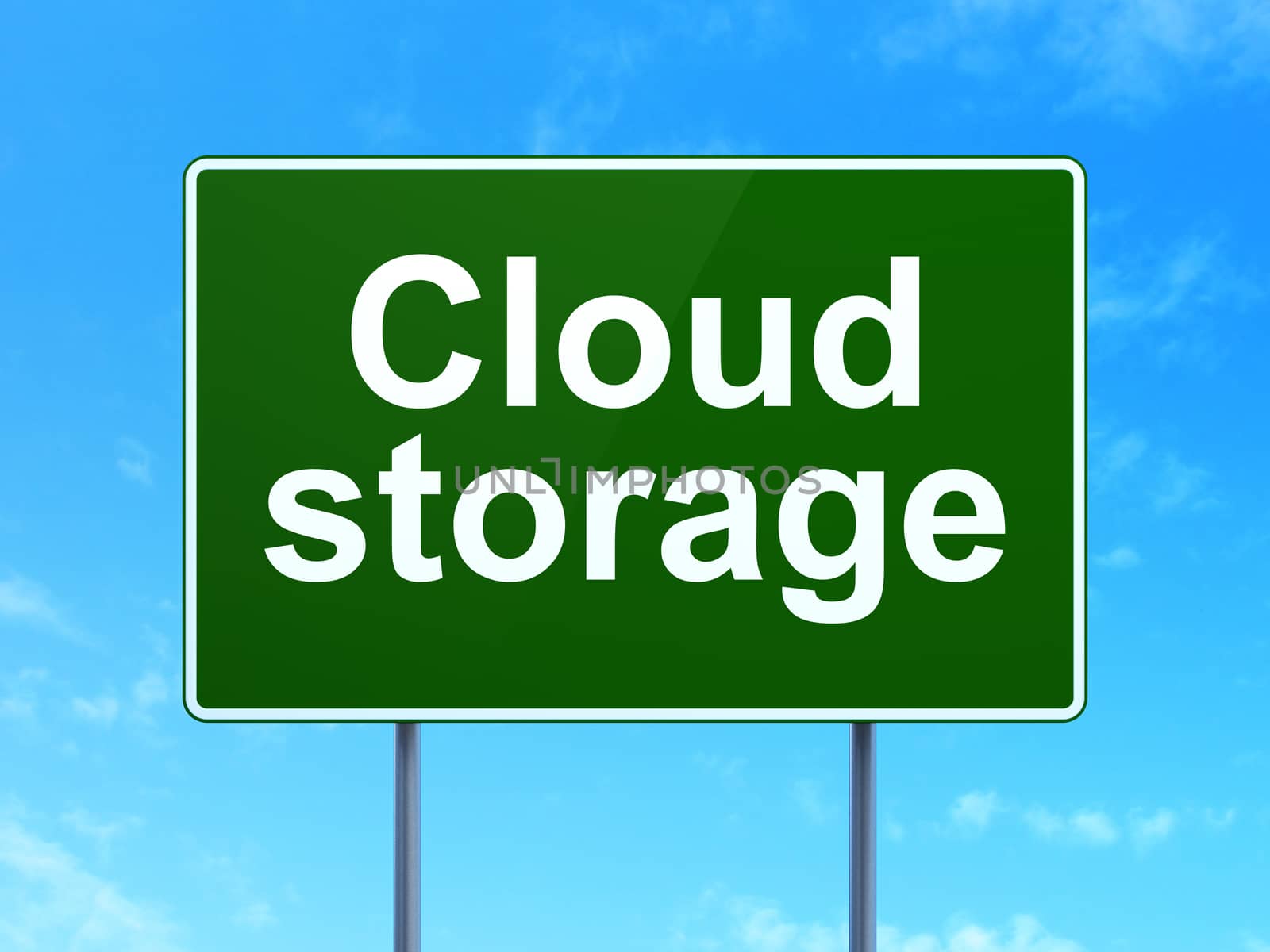 Protection concept: Cloud Storage on green road highway sign, clear blue sky background, 3D rendering