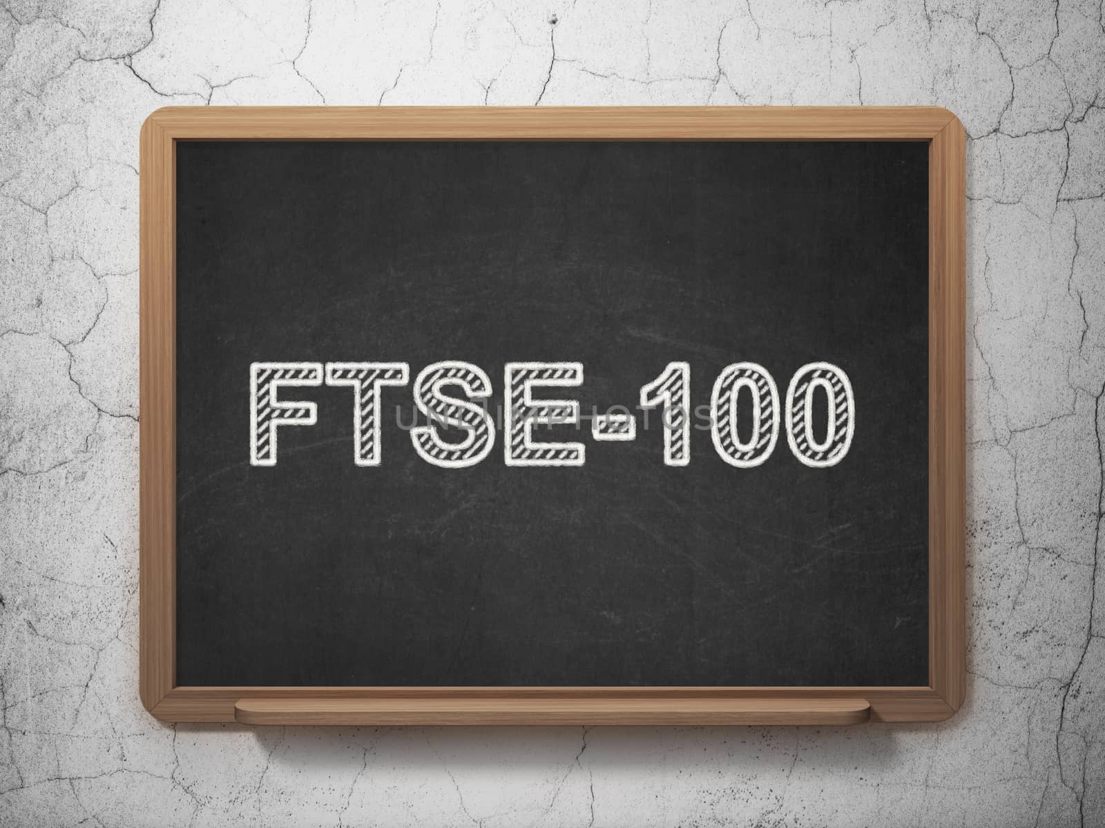 Stock market indexes concept: text FTSE-100 on Black chalkboard on grunge wall background, 3D rendering